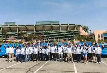 the bugman team outside of the angels stadium